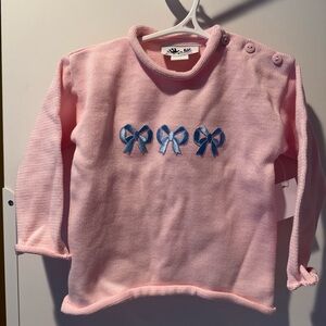 Charming Pink Sweater with Blue Bow Embroidery 100% Cotton NWT 12 months